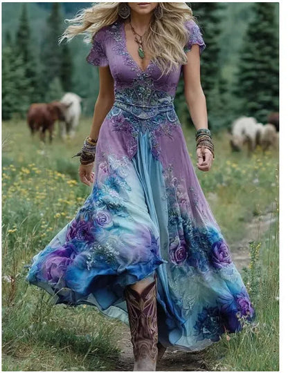 Women's loose creative pattern totem deep V-neck short sleeve dress in artistic retro style