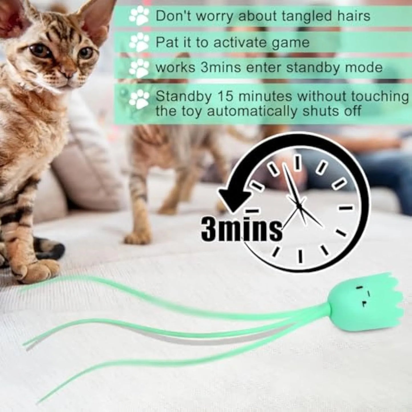 Green automatic electronic cat wand toy with silicone tails moving, placed on a carpet.