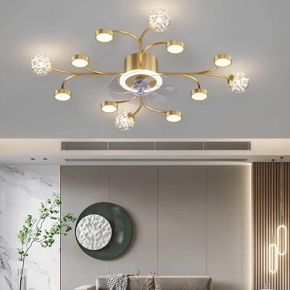 Modern smart ceiling fan lamp with round LED light and remote control in black or gold finish
