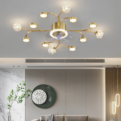 Modern smart ceiling fan lamp with round LED light and remote control in black or gold finish