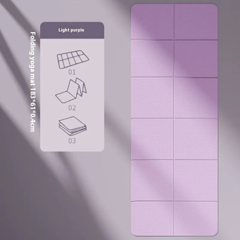Purple TPE folding gymnastic mat showing six-fold design and non-slip texture