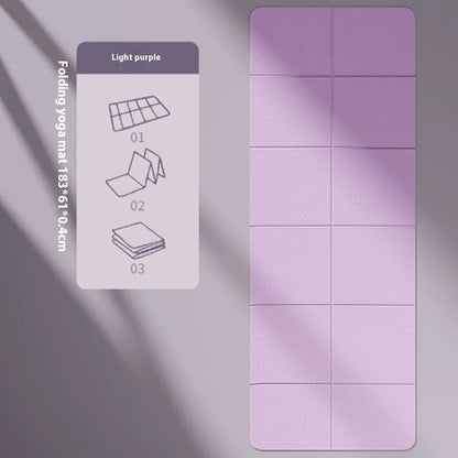 Purple TPE folding gymnastic mat showing six-fold design and non-slip texture