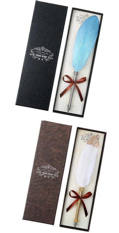 European Retro Feather Pen Gift Box with stainless steel shell and elegant feather design