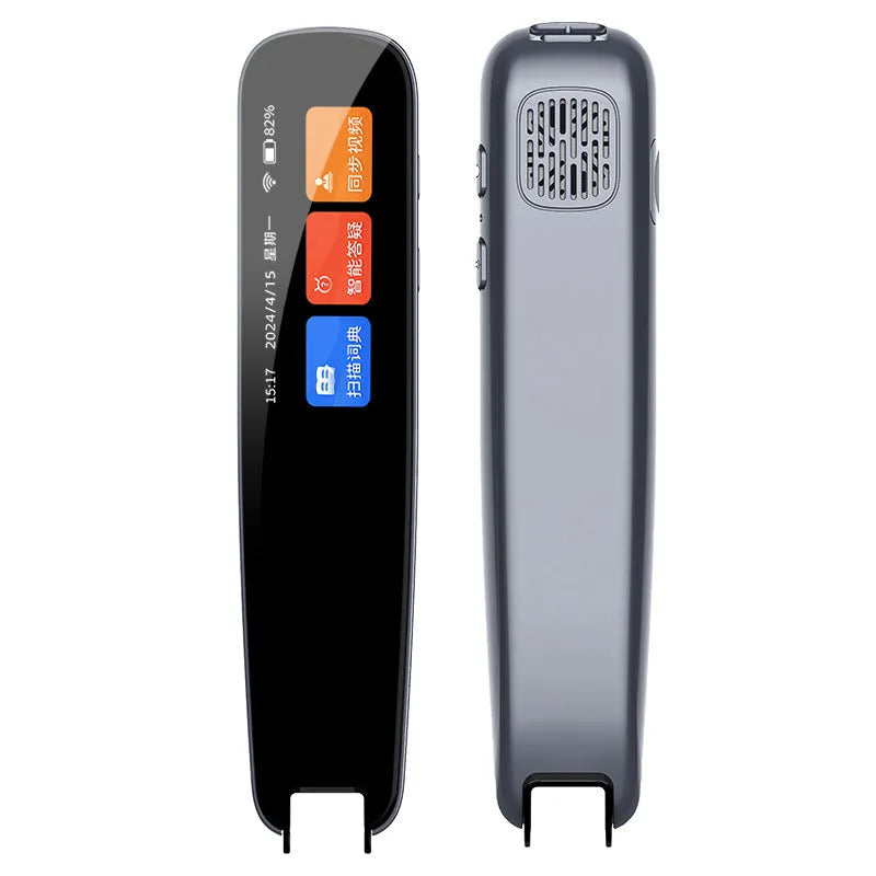 Dark grey and white offline talking translation pen for English study on a desk.