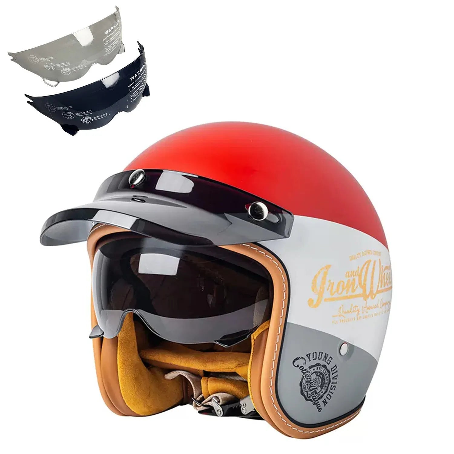 Retro-style motorcycle half helmet in ABS construction showing colour options and size range from S to XXL