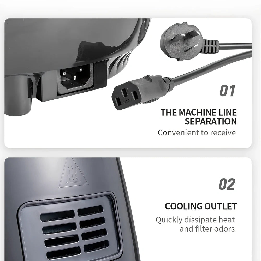 Black smart touch air fryer with stainless steel body and digital control panel showing cooking settings