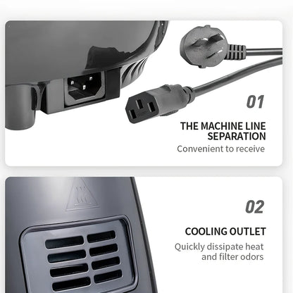 Black smart touch air fryer with stainless steel body and digital control panel showing cooking settings