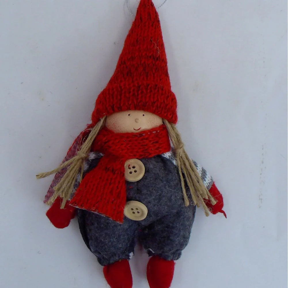 Christmas Easter fabric plush doll in dark brown with green clothing and red hat showing two size options