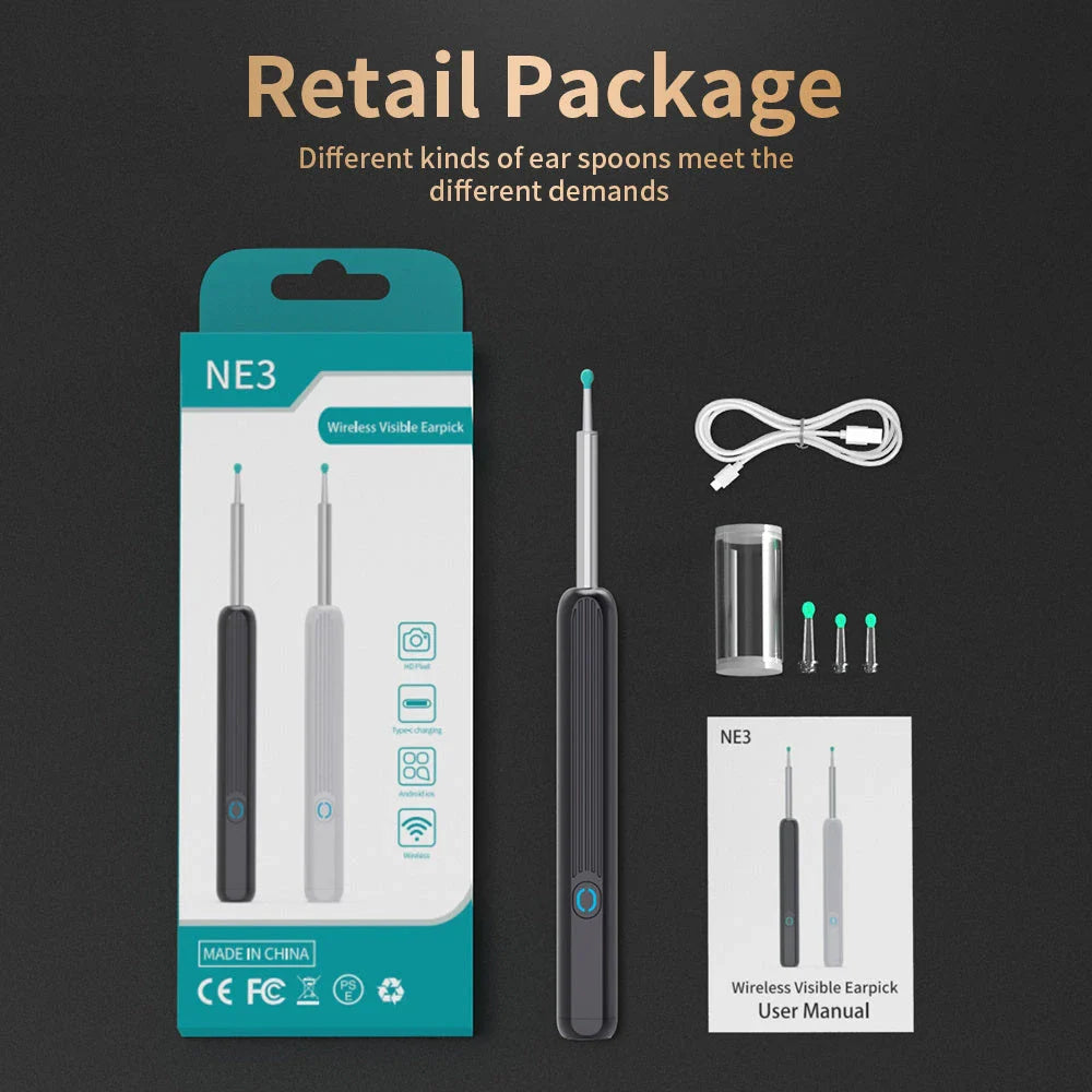 Wireless otoscope with 360-degree HD camera and LED light for safe and effective earwax removal