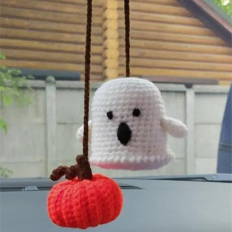 Soft, hand-woven plush car hanging ornament in a cartoon character design.