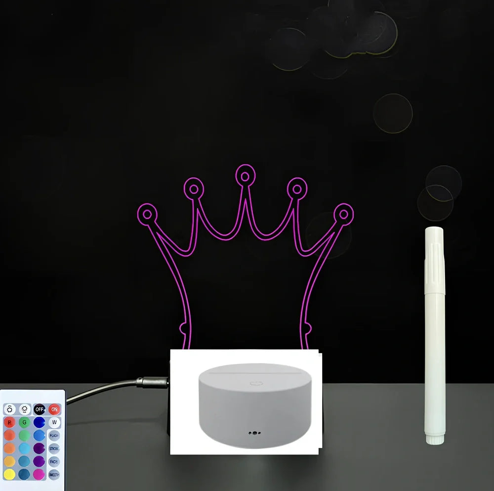 3D acrylic LED message board with touch controls showing illuminated writing on 3.5mm thick surface