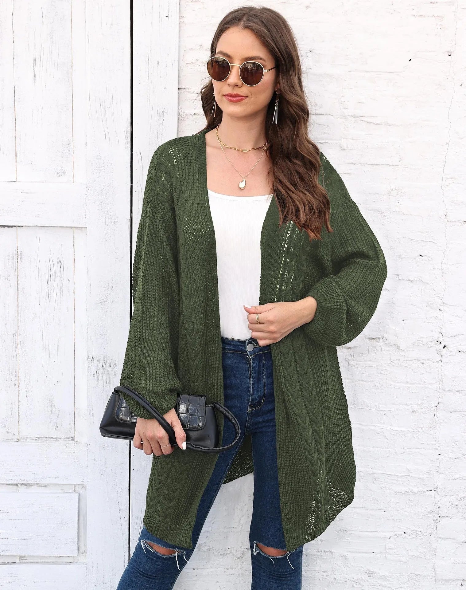 Women's loose acrylic sweater coat in free size showing Army Green colour option
