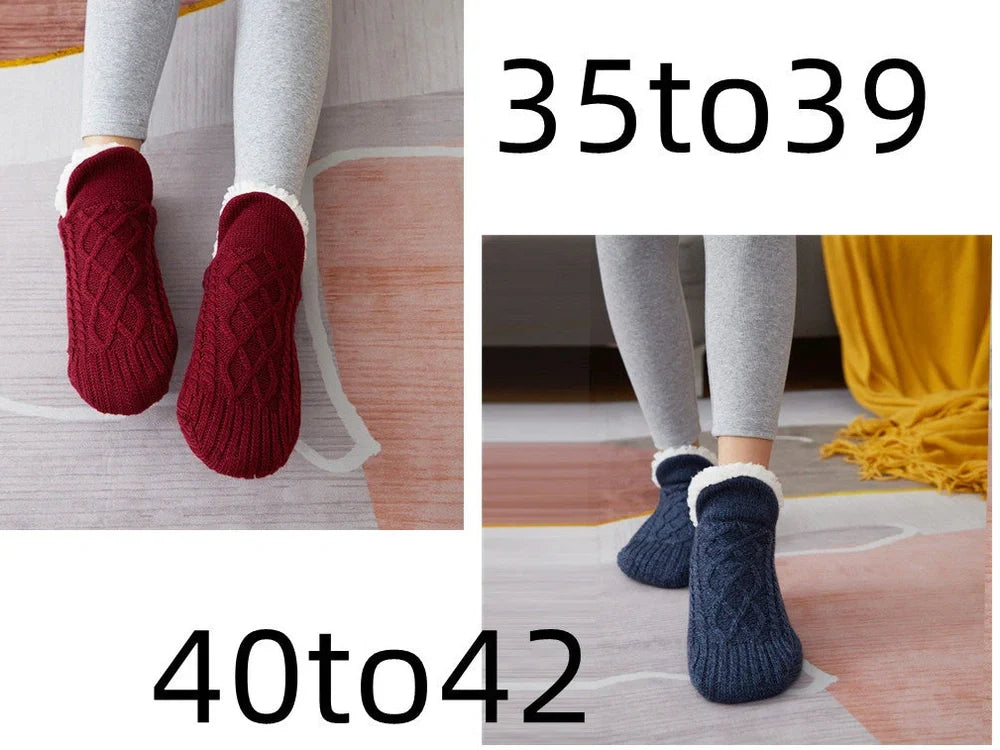 Winter woolen socks with V-opening design and anti-slip dots on soles in navy blue colour