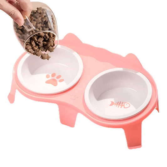 Ceramic cat bowl set with elevated stand in blue, pink, white, or yellow