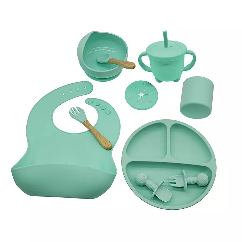 10-piece baby feeding silicone tableware set in various colors, safe and durable for first meals