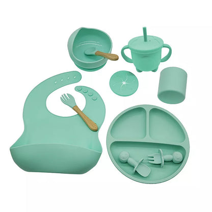 10-piece baby feeding silicone tableware set in various colors, safe and durable for first meals
