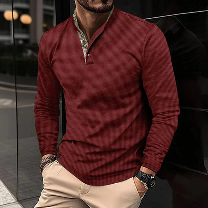 Premium long-sleeve polo shirt in various colors and sizes, featuring a unique double-layer lapel design and soft, breathable waffle fabric for a sophisticated, casual look.