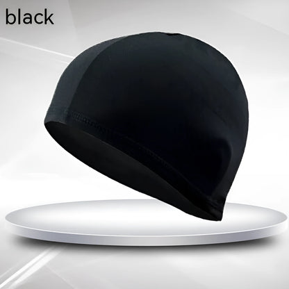 Unisex solid black polyester swim cap for adults on a white background.