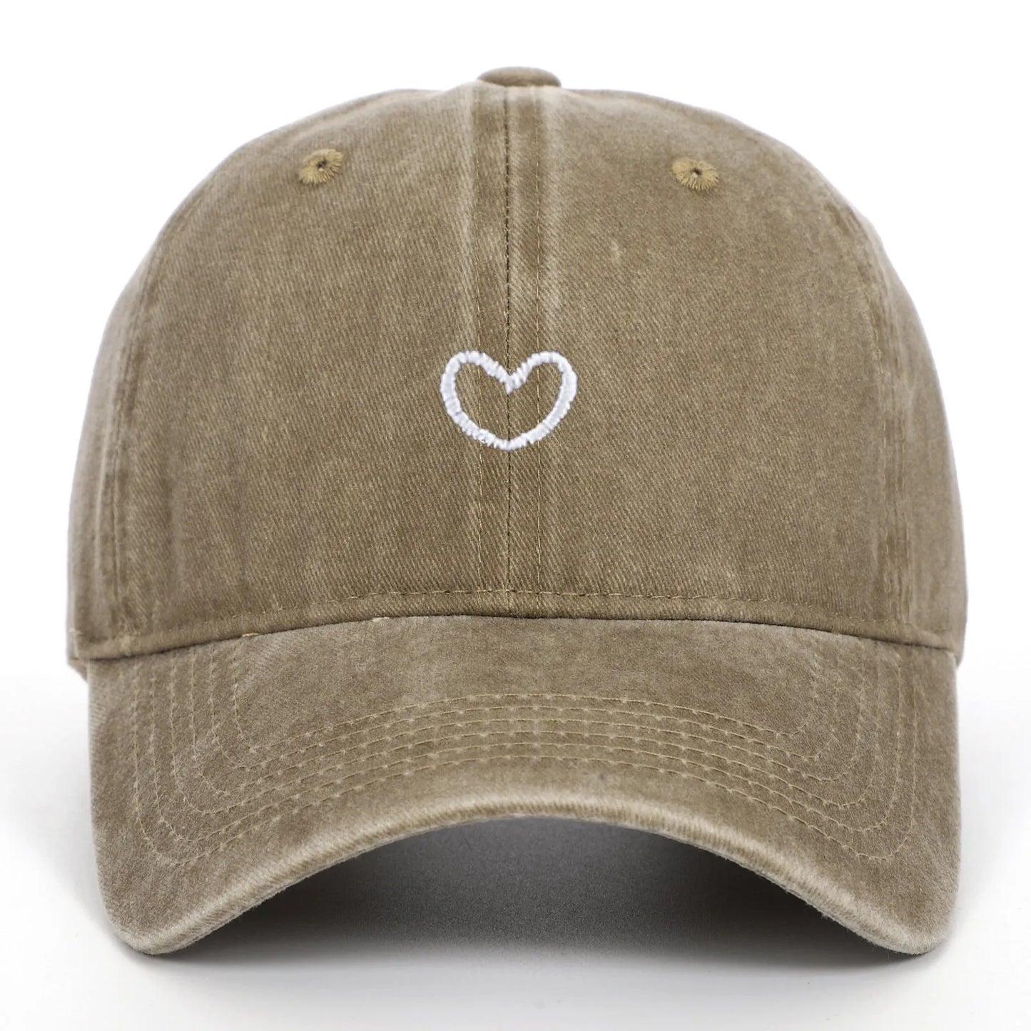 Adjustable cotton baseball cap with embroidered retro love design in various colours.