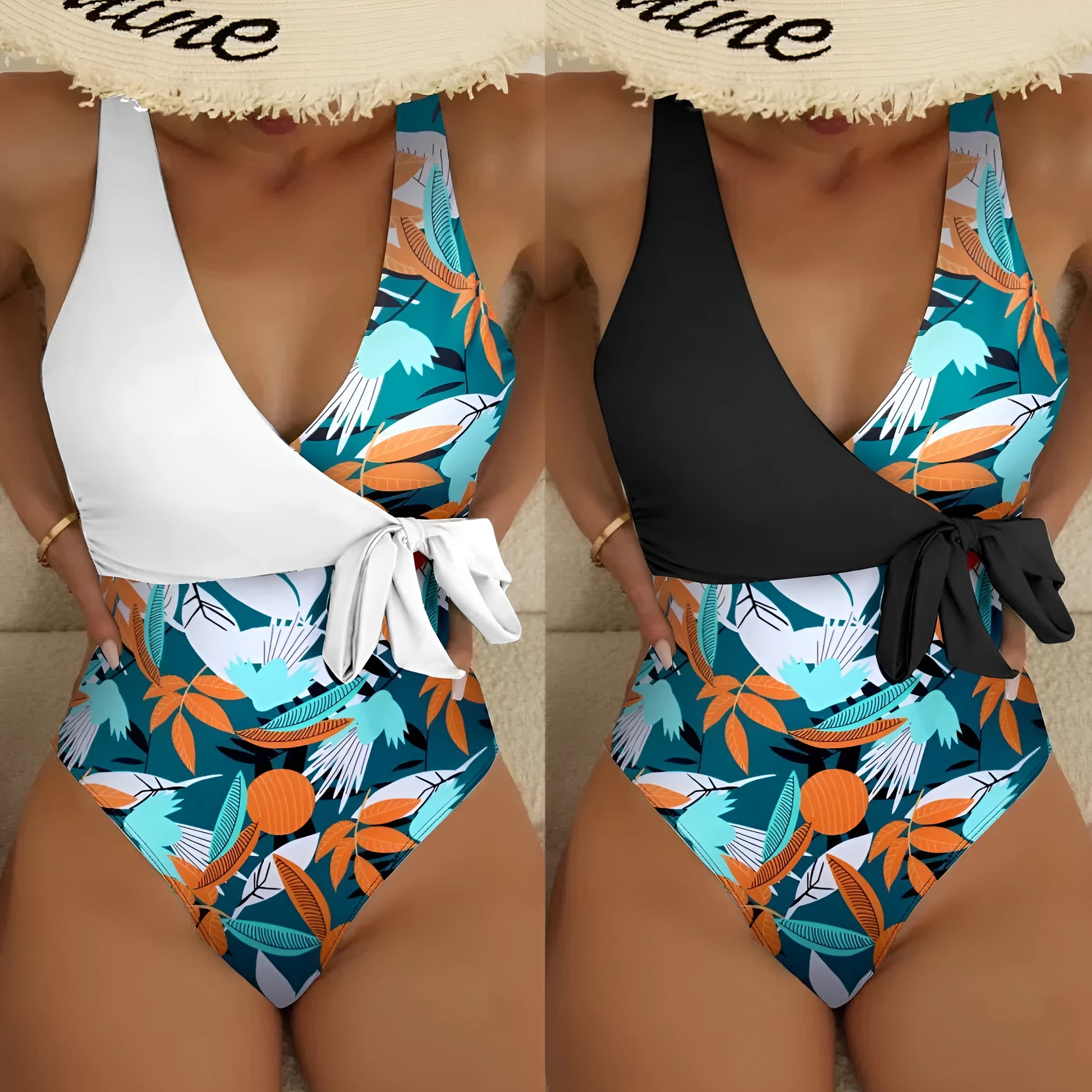Women's high waist one-piece swimsuit in a printed pattern, showing front design.