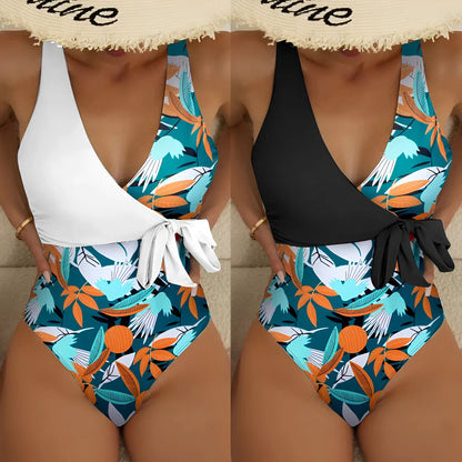 Women's high waist one-piece swimsuit in a printed pattern, showing front design.