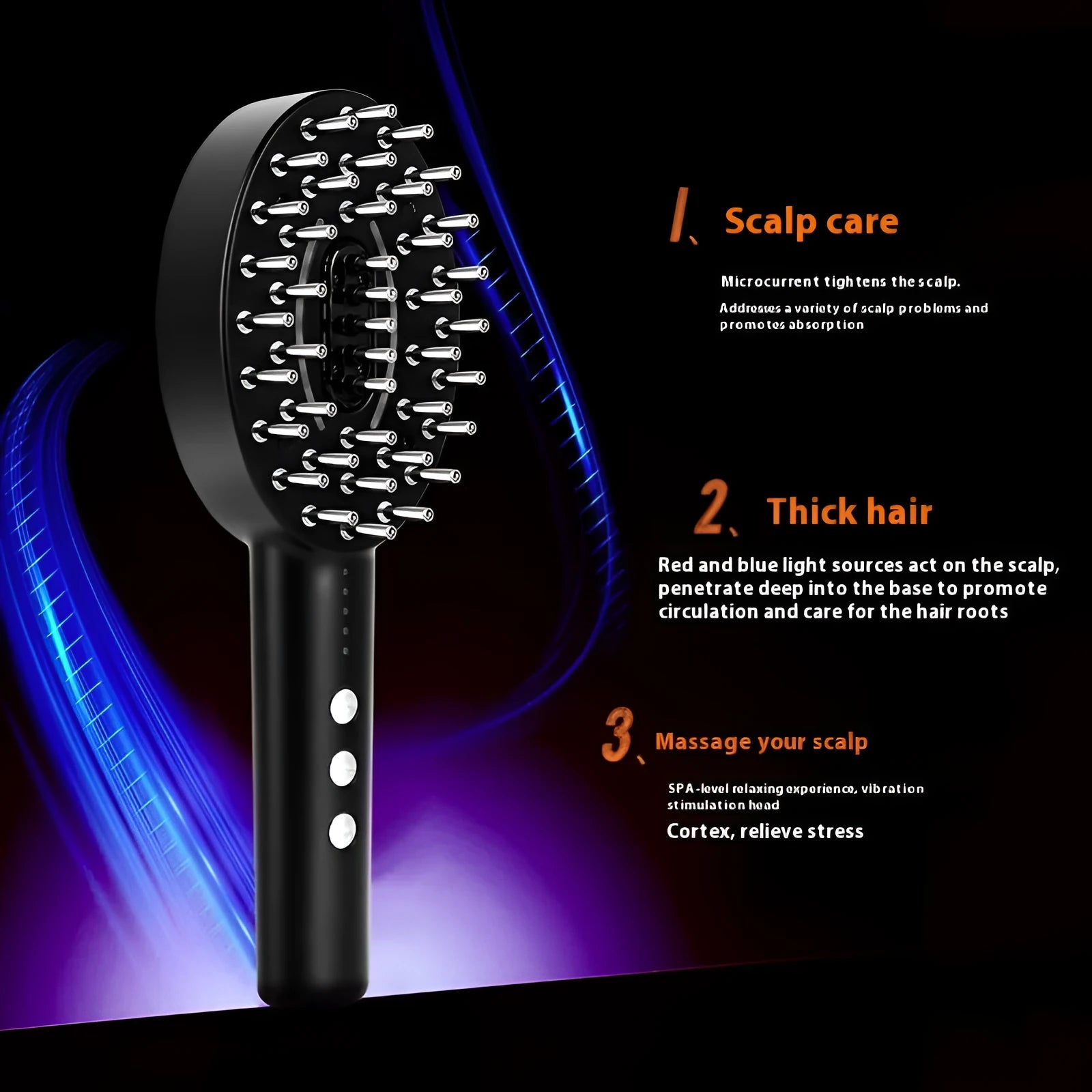 Handheld KD3802 black scalp massager with vibrating application nodes and USB charging cable on a white background.