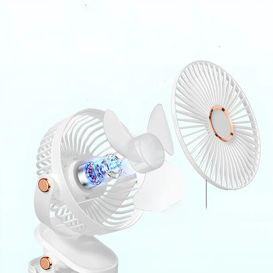 White USB clip fan with clip attachment showing 6-inch blades and control button
