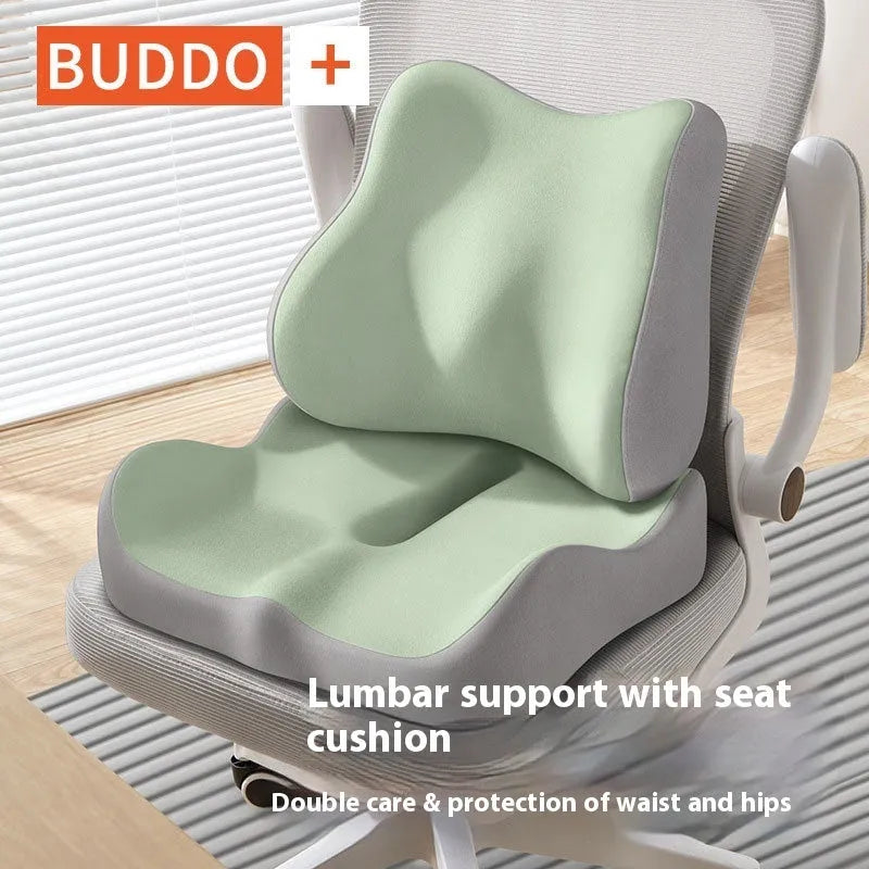 Memory foam seat cushion with contoured shape for lower back support, measuring 40cm x 40cm