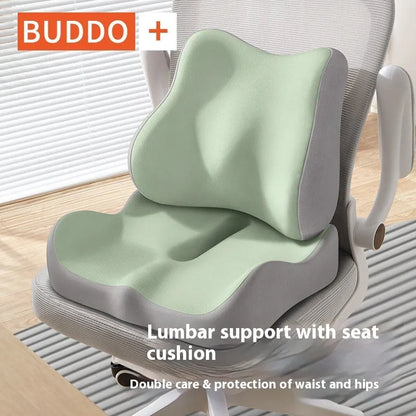 Memory foam seat cushion with contoured shape for lower back support, measuring 40cm x 40cm