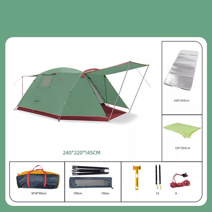Four-person outdoor camping tent with rain and sun protection, double-decker design