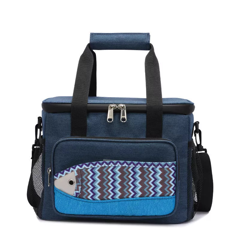 Fish pattern insulated cooler bag in various colors, perfect for outdoor picnics and lunches