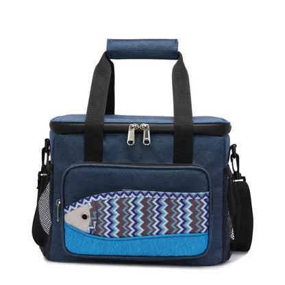 Fish pattern insulated cooler bag in various colors, perfect for outdoor picnics and lunches