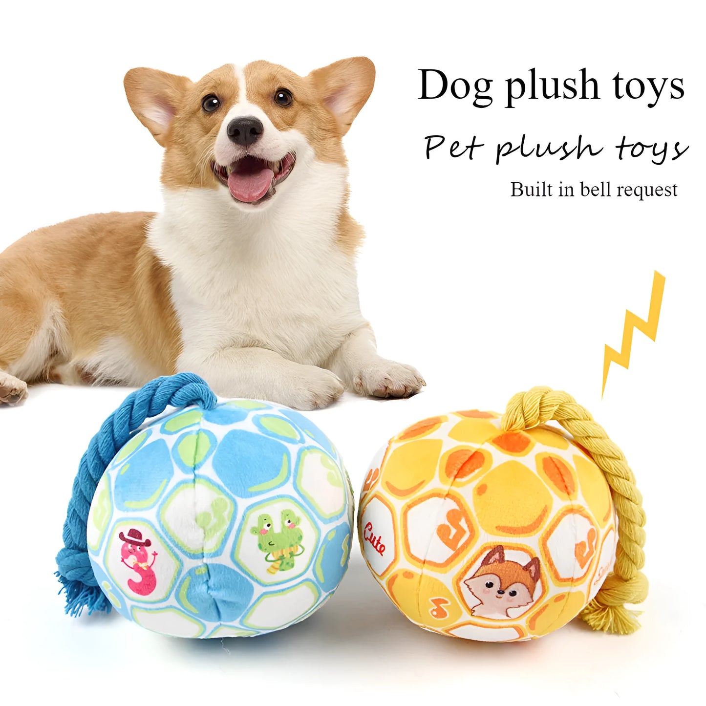 Blue and yellow elastic football dog toy with an attached cotton rope for tug of war and chewing.