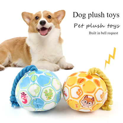 Blue and yellow elastic football dog toy with an attached cotton rope for tug of war and chewing.