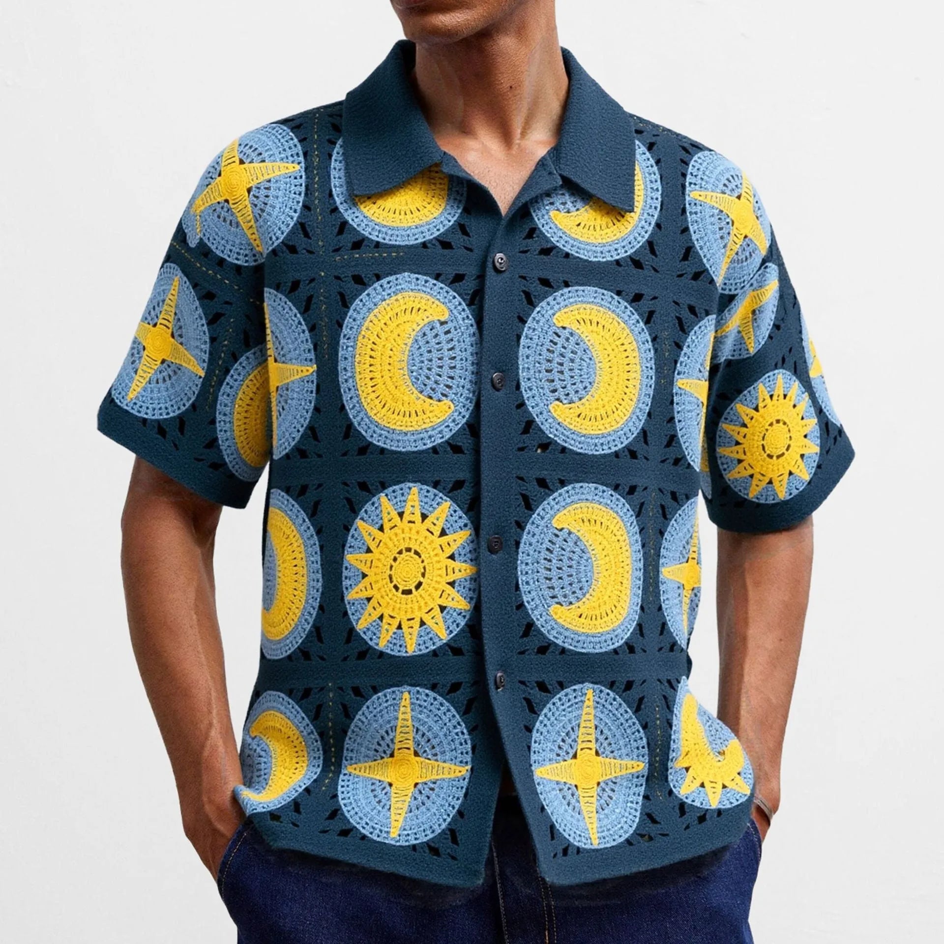 Navy blue men's short-sleeve cardigan with a cartoon flocking design on the front.