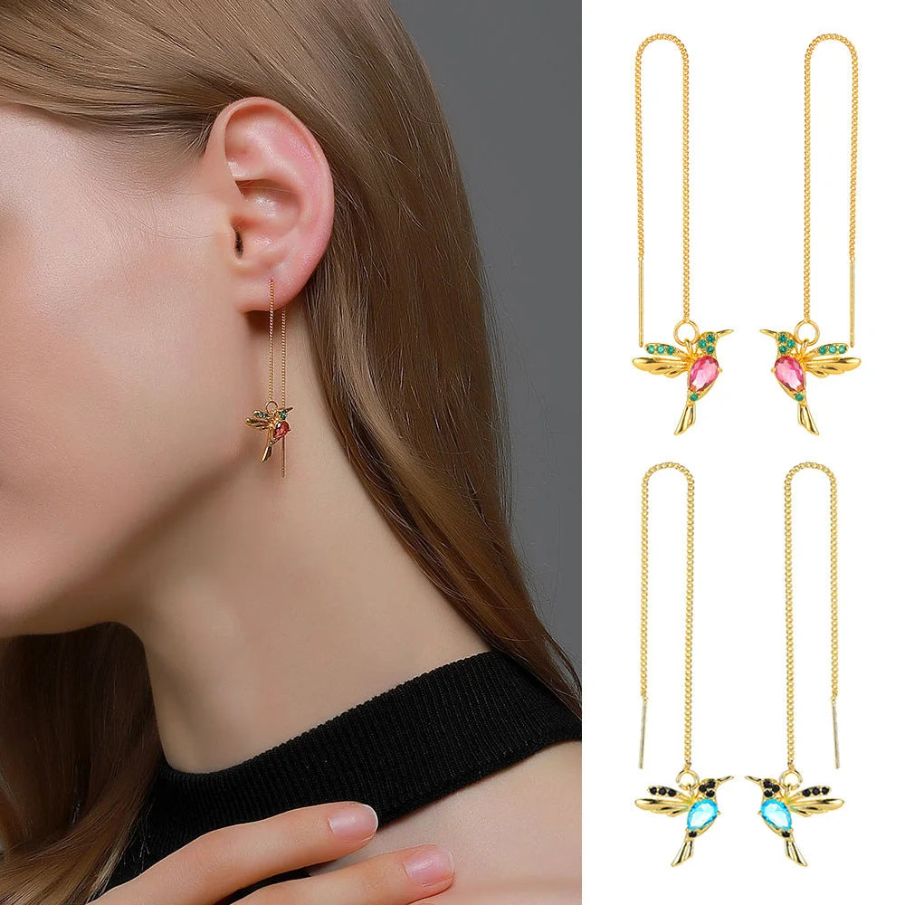 Hummingbird drop earrings with crystal pendant in rose gold, imitation gold, and anti-gold colors
