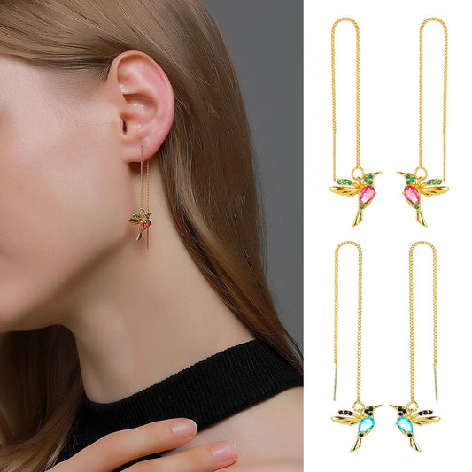 Hummingbird drop earrings with crystal pendant in rose gold, imitation gold, and anti-gold colors
