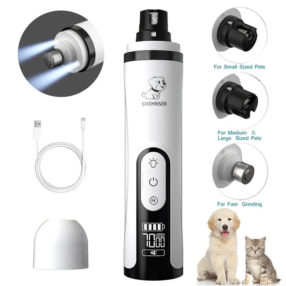 Electric dog nail trimmer device with LED display showing speed settings and dust collection system