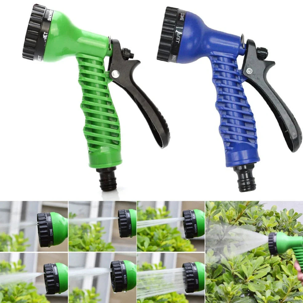 Blue telescopic water hose with high-pressure gun, expanded for use in garden watering