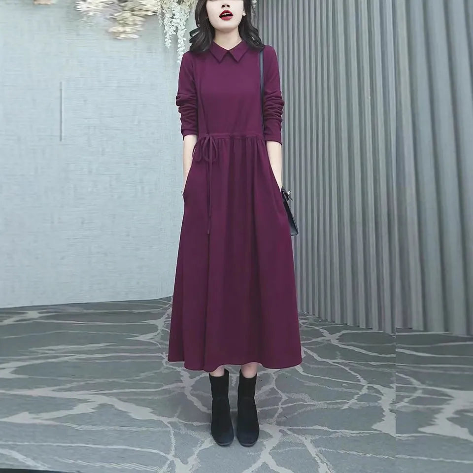 Purplish red long skirt for women with extra-long sleeves and urban style, available in sizes S to 3XL