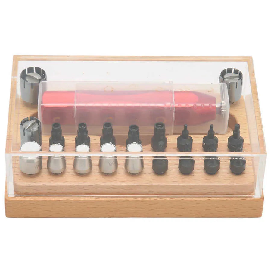 20-piece steel watch repair tool set with barrel-opening tools for clock maintenance