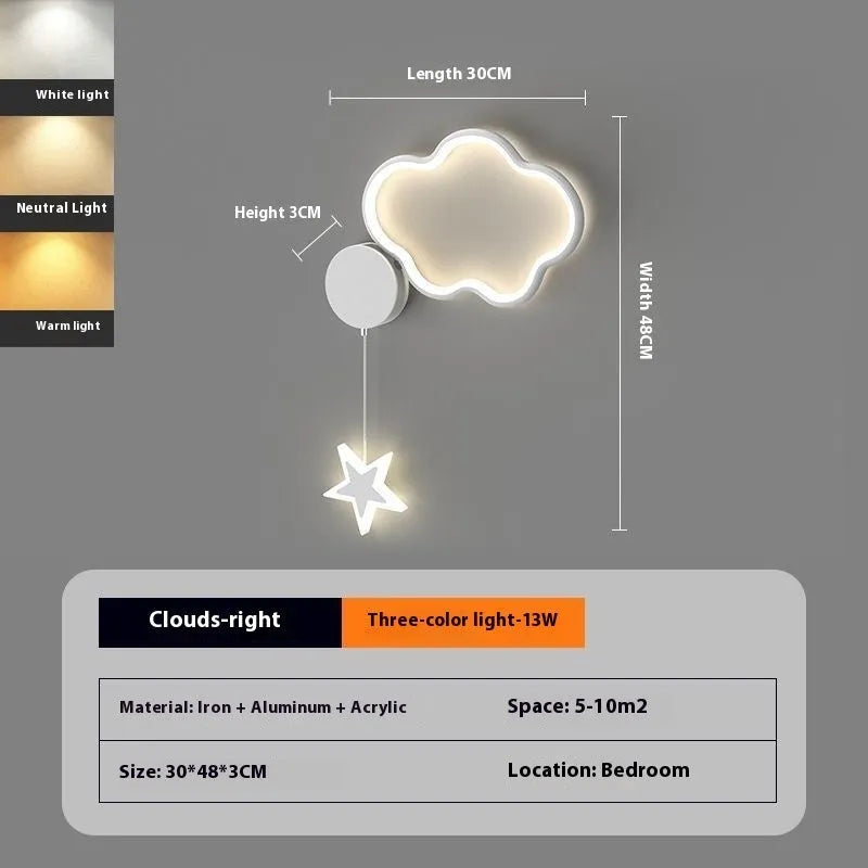 Black five-pointed star shaped children's wall lamp with a left-facing cloud design and touch control for three colour LED light.