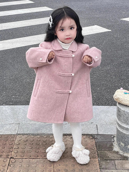 Reversible peach pink woolen coat for girls with Korean style design and cotton fabric
