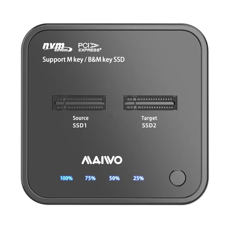 MAIWO K3016 M.2 solid-state drive docking station with power adapter and two USB cables on a desk.