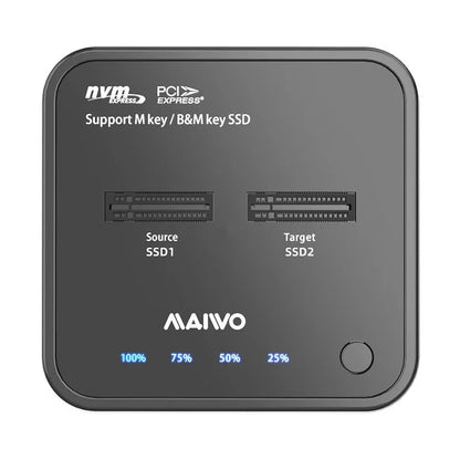 MAIWO K3016 M.2 solid-state drive docking station with power adapter and two USB cables on a desk.