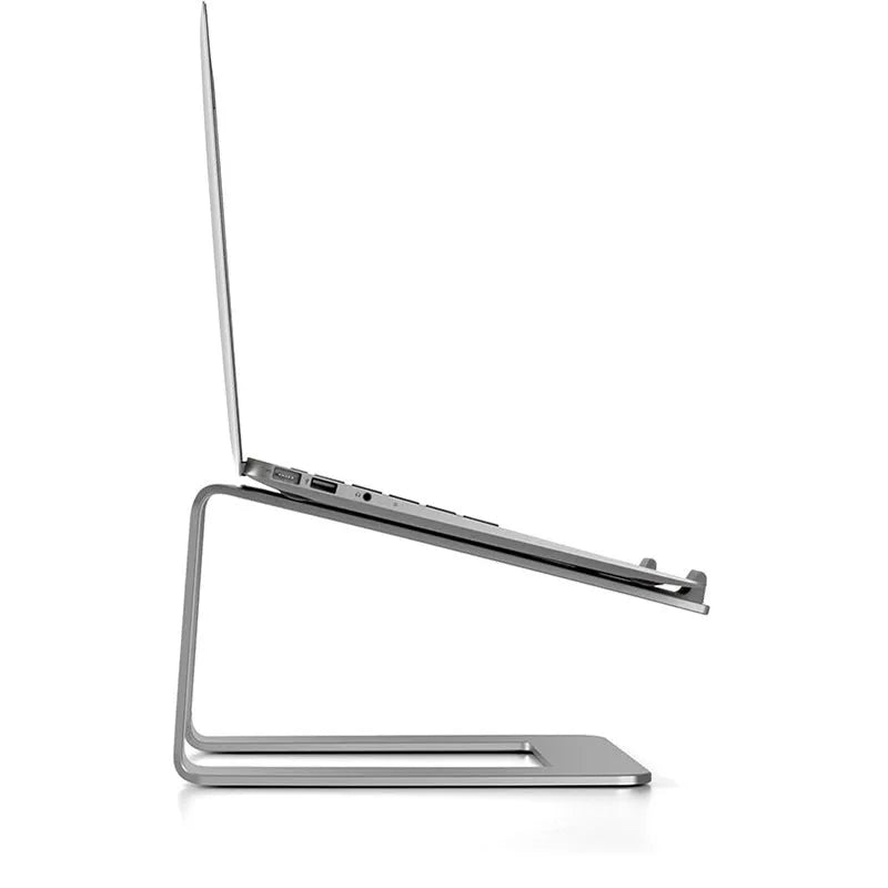 Black aluminium alloy laptop stand raising a laptop for ergonomic desktop use