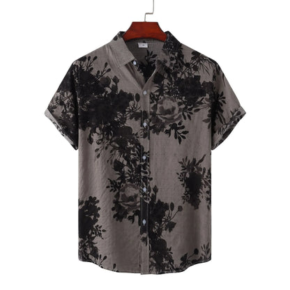Men's floral lapel shirt in gray, khaki, yellow or burgundy, cotton button-front top, sizes M to 3XL