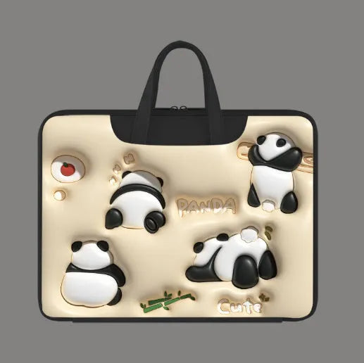 PU leather inflatable laptop bag with strap, shown in a cartoon pattern design, hanging from a suitcase handle.