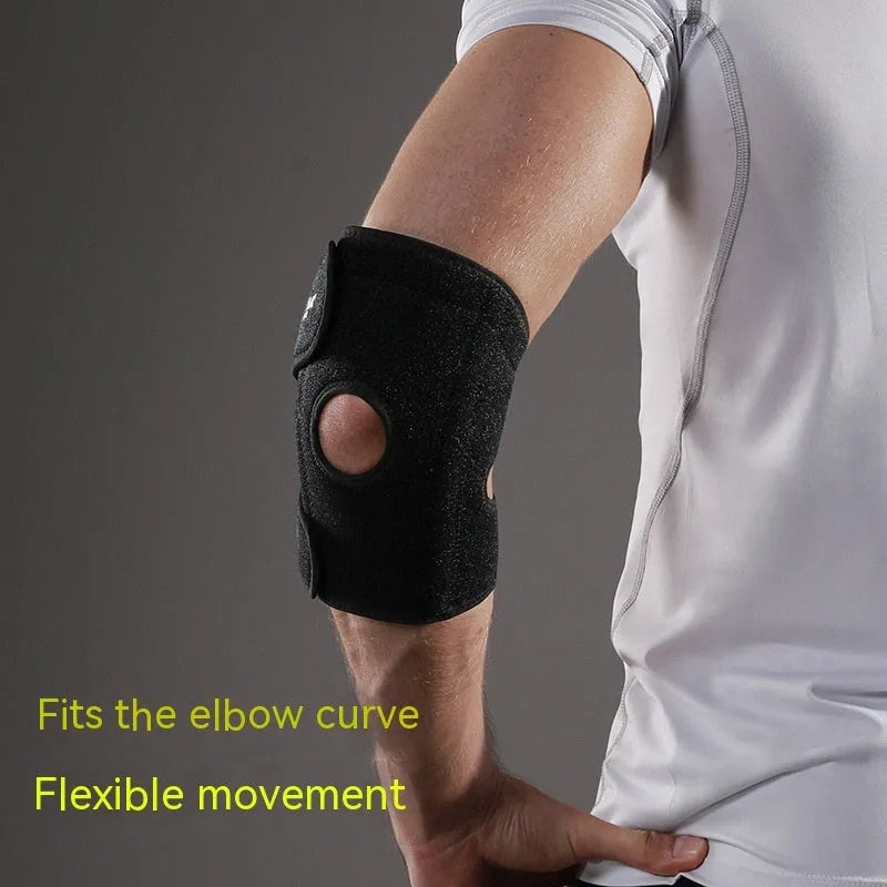 Black adjustable sports elbow guard worn on an adult arm.