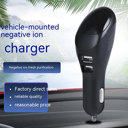 White car USB charger with integrated negative ion air purifier showing dimensions and vehicle power connection